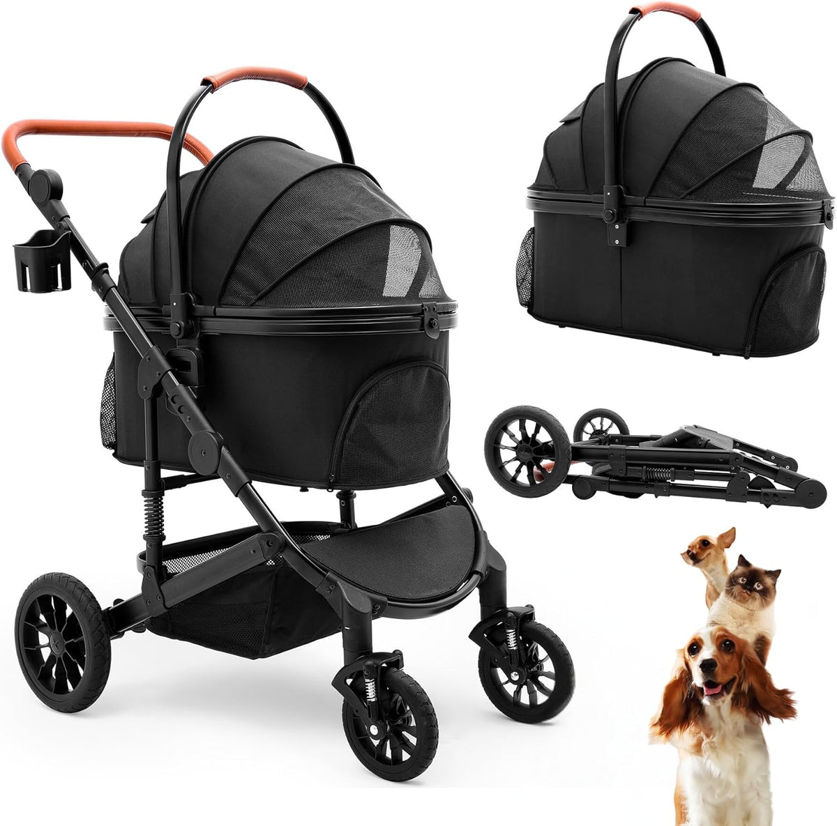 Foldable 4-Wheel Pet Stroller With Detachable Carrier, Storage Basket And Car Seat - Grey