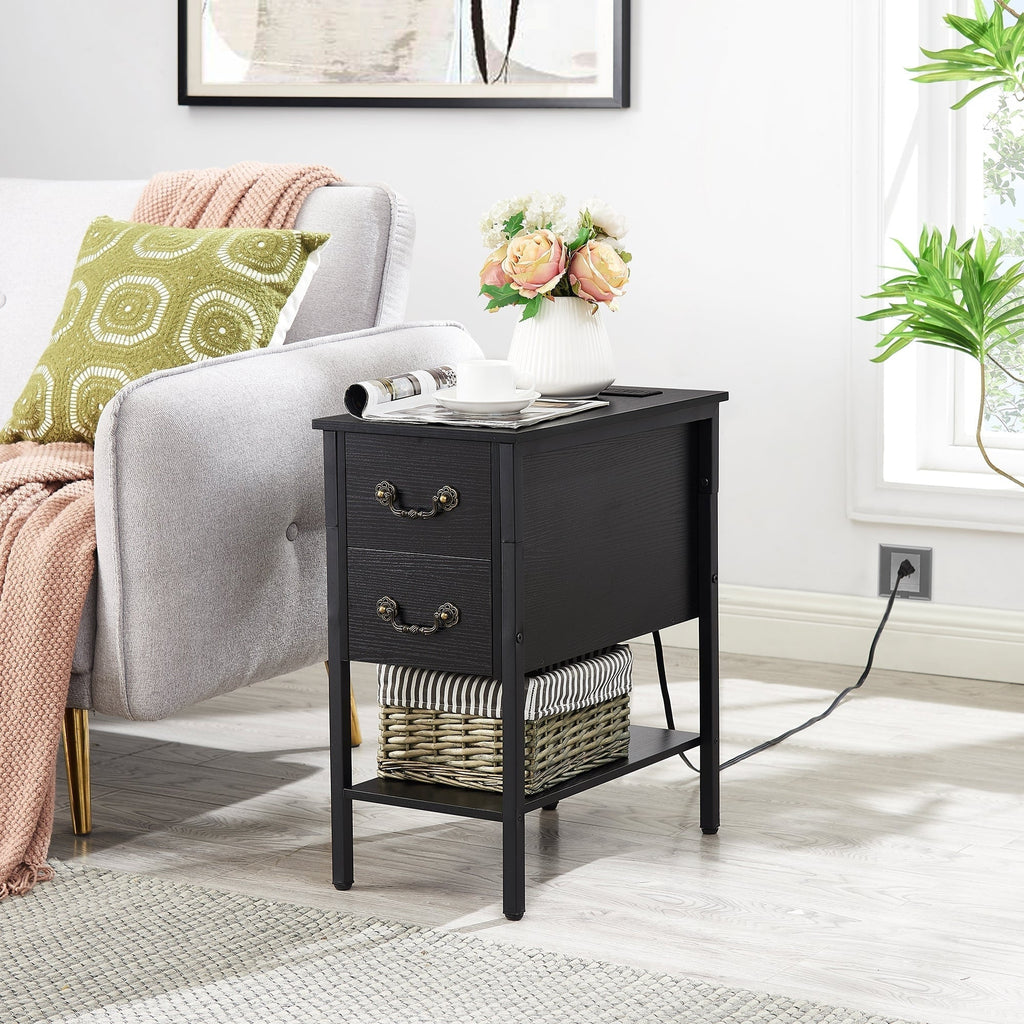 Narrow End Table With Charging Station, 2 Drawers, 19.6 in L x 11.8 in W x 23.6 in H, Gray/Black - 1-pcs / 2-pcs