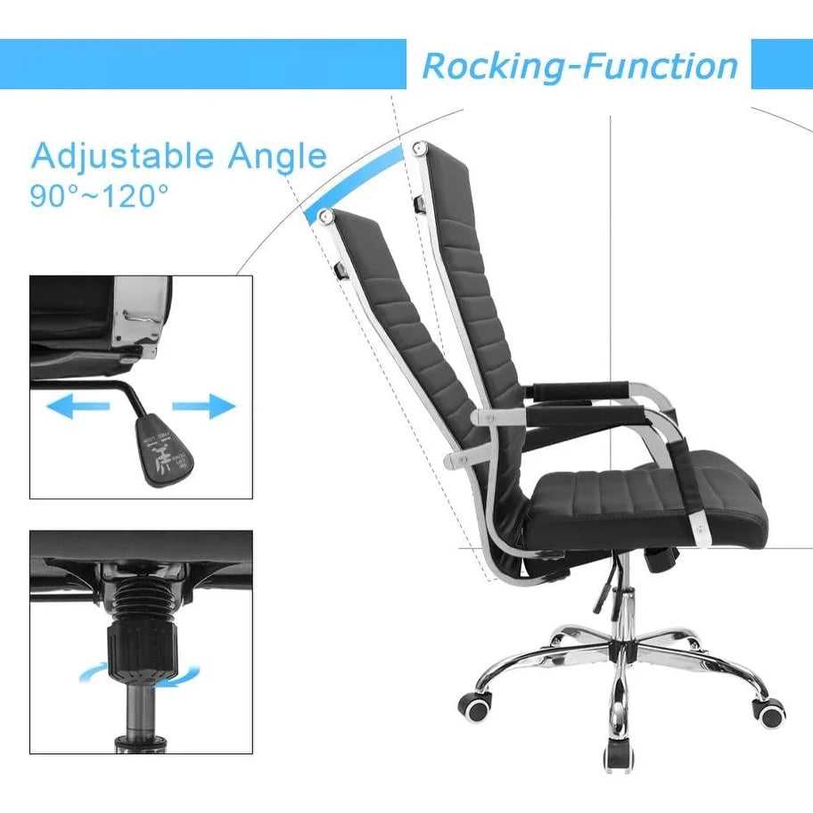 Ribbed High Back PU Leather Office Chair, 3.15-Inch Pad, 19.7 x 19.1 Inch Seat, 18.1 x 29.6 Inch Back, 16.7-19.9 Inch Height, 320 Lb