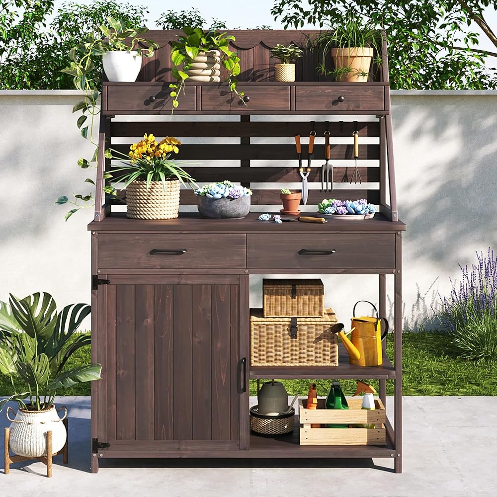 Wooden Garden Potting Bench With 5 Drawers