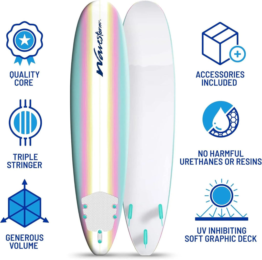 8ft Soft Top Foam Surfboard, EPS Core, 3 Stringers, Wax-Free Longboard, 200lb Capacity
