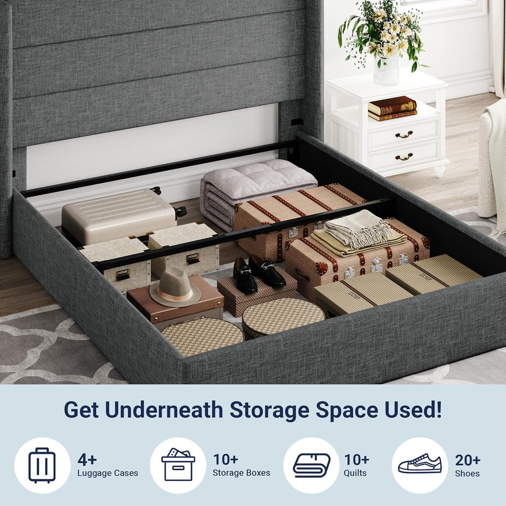 Queen Size Lift-Up Storage Bed With Wingback Headboard, Upholstered Platform Bed Frame With Hidden Storage