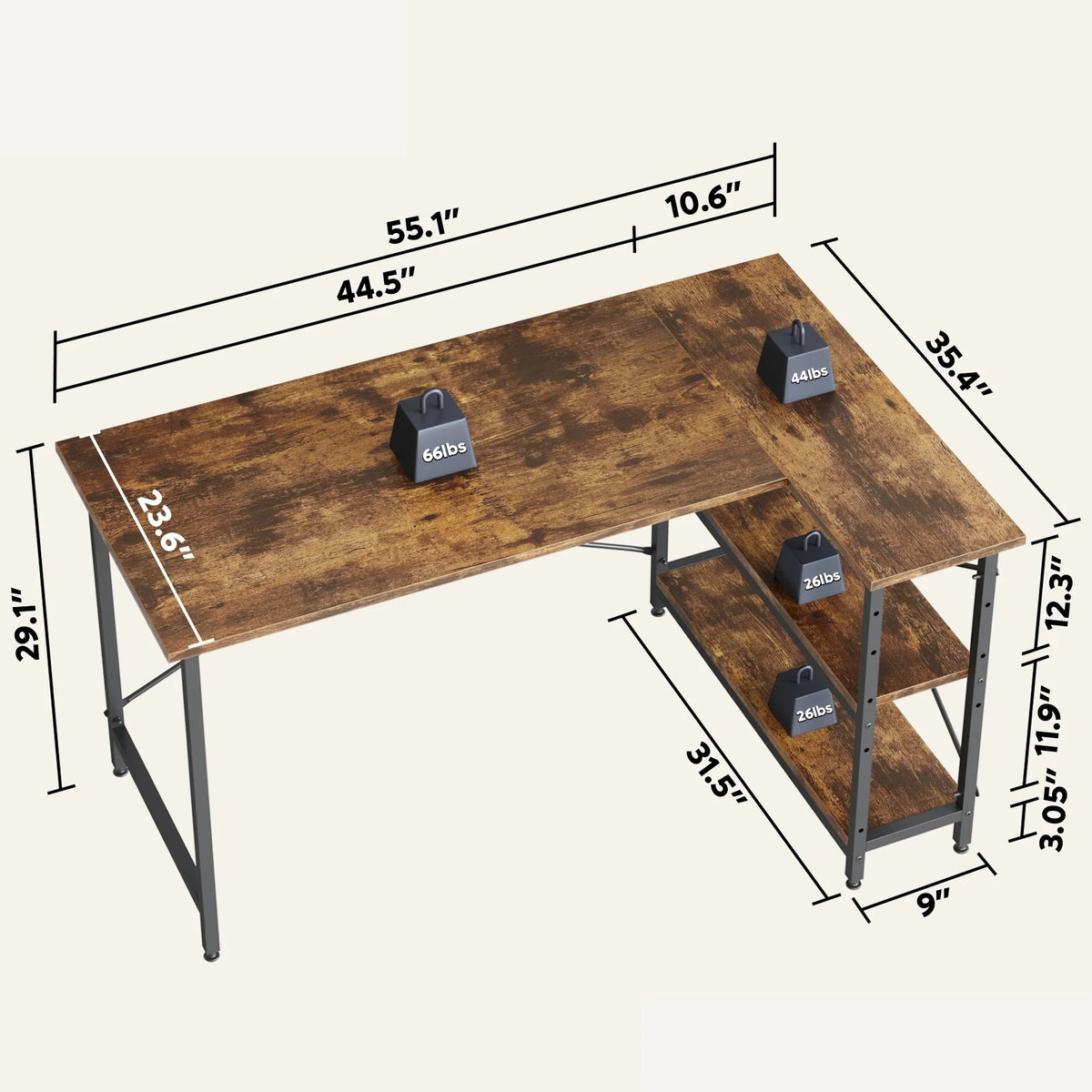 Small L-Shaped Computer Desk With Reversible Storage Shelves - 55-Inch / 47-Inch