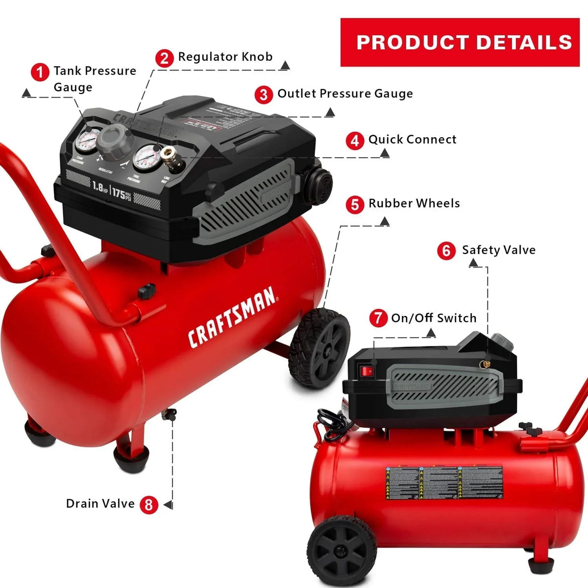 CRAFTSMAN Hard Air Compressor, 10 Gallon, 1.8 HP, 175 PSI, 4.0 CFM @ 90 PSI - CMXECXA0201041