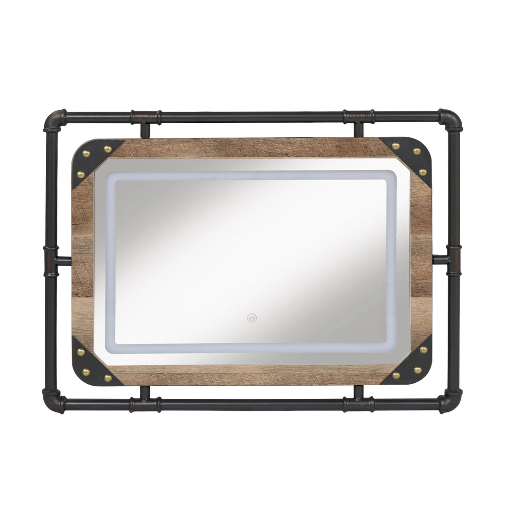 Industrial Metal Wall Mirror With LED Lights, 23.63in H x 31.5in W x 1.5in D