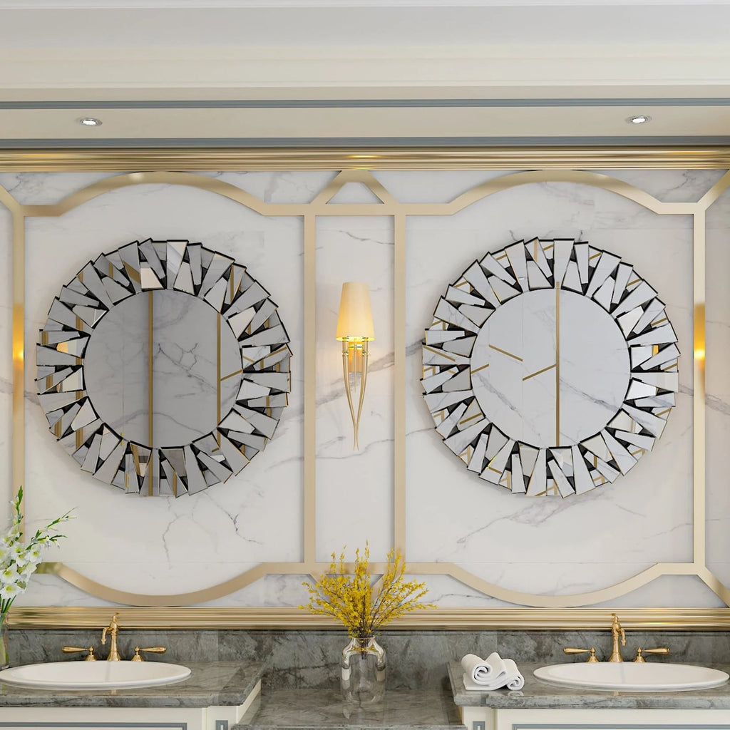 32 Inch Round Sunburst Decorative Wall Mirror, Silver Glass - 31.5 Inch