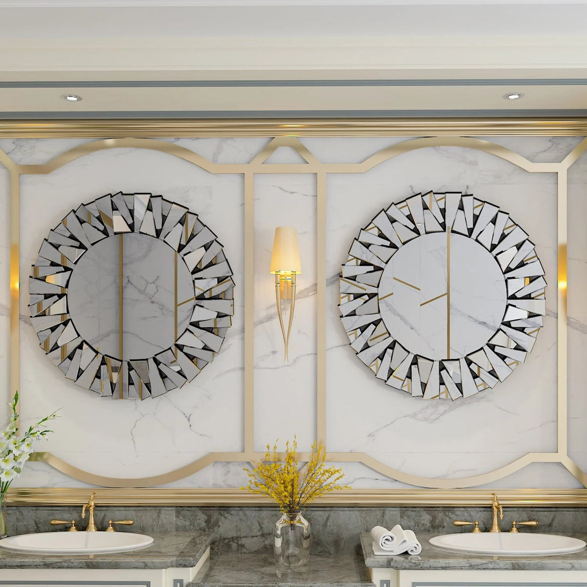 32 Inch Round Sunburst Decorative Wall Mirror, Silver Glass - 31.5 Inch