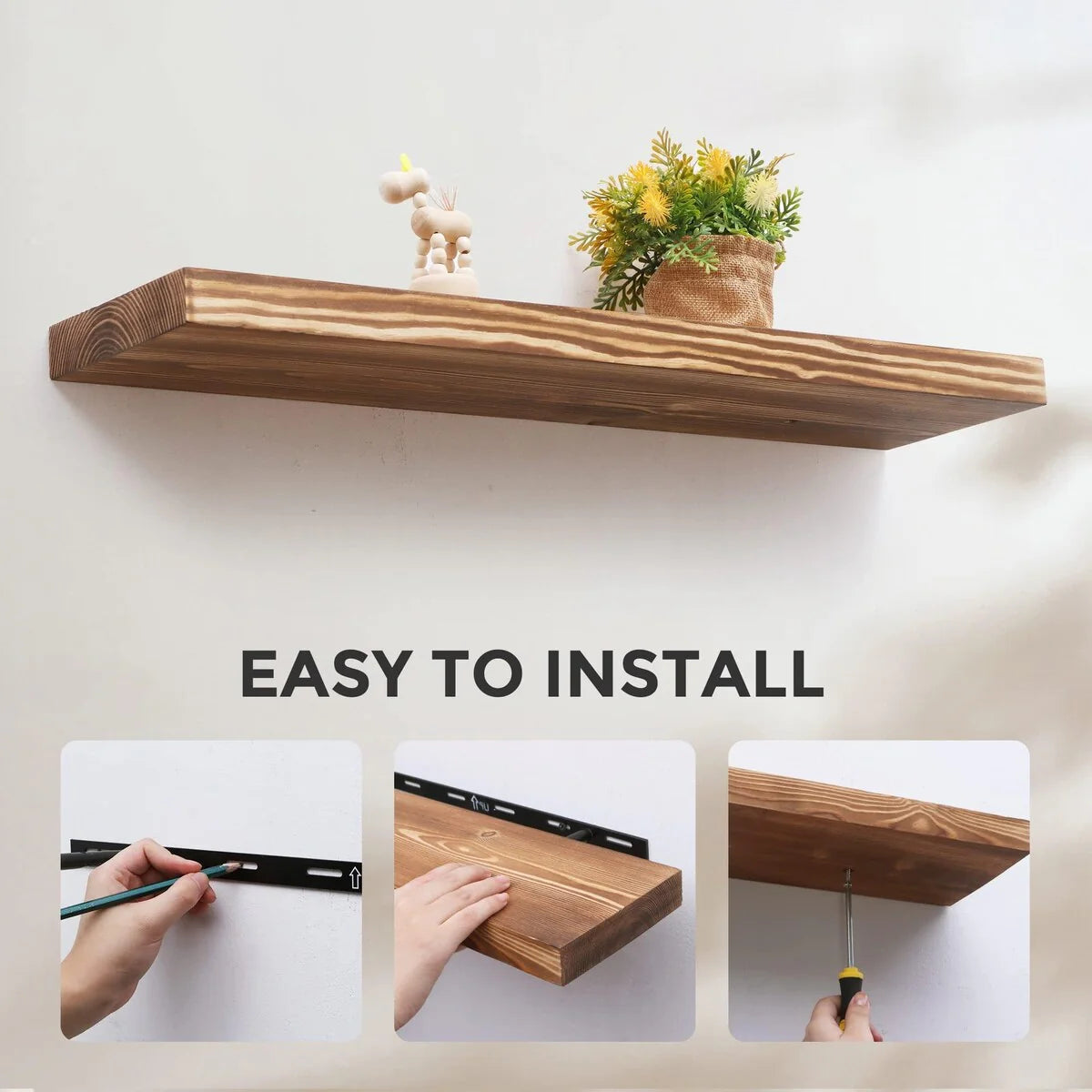 Set Of 2 Handcrafted European Pine Floating Wall Shelves, 16inch/24inch/36inch, Grey/Espresso/Walnut