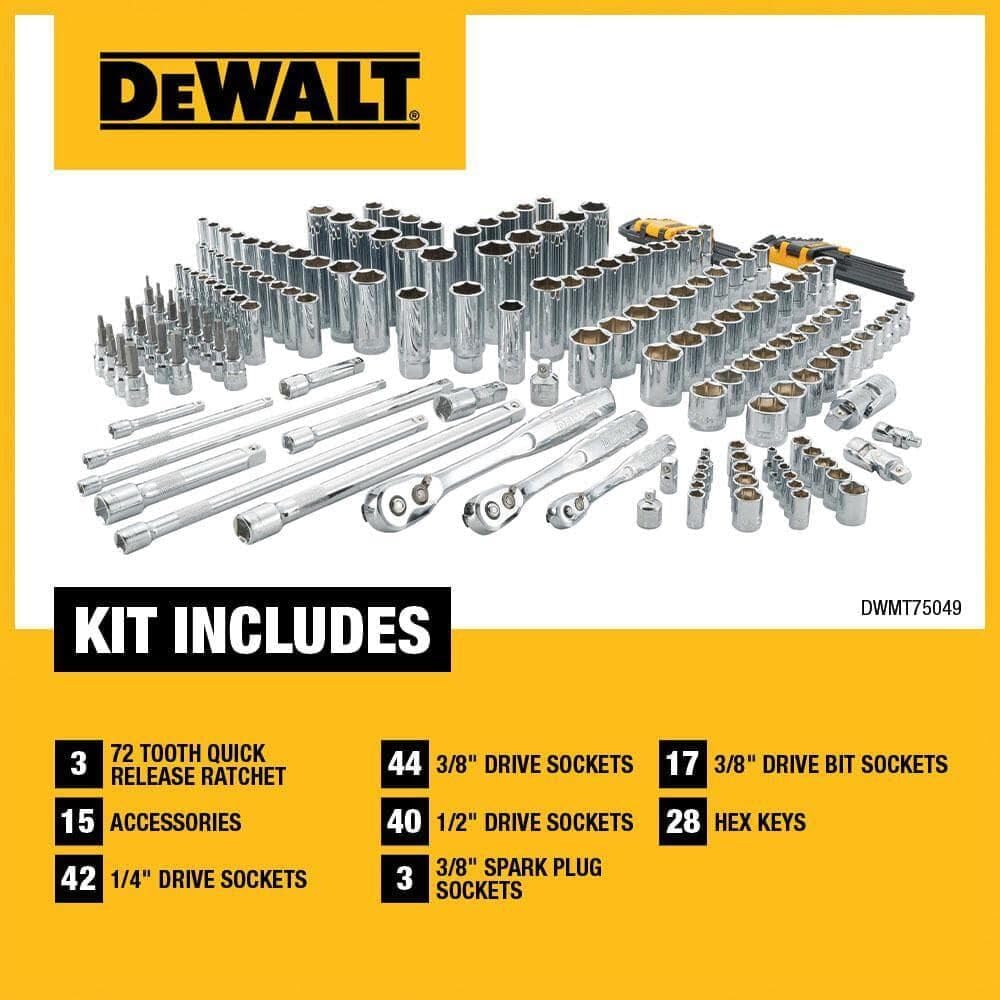 DEWALT Mechanics Tool Set, SAE And Metric, 192-Piece, 1/4, 3/8 And 1/2 in Drive - DWMT75049
