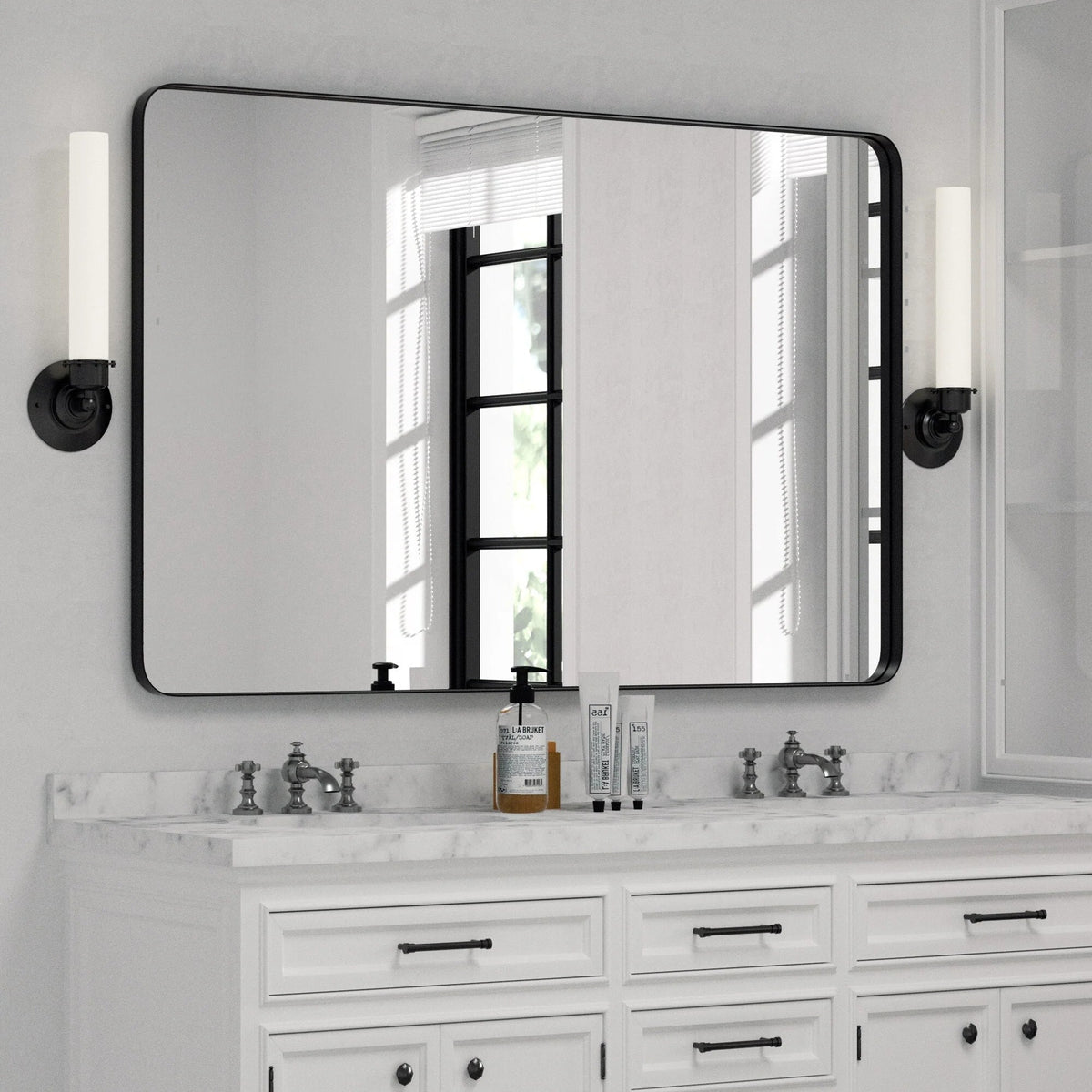 Framed Wall Vanity Mirror With Rounded Corners, 1 Piece