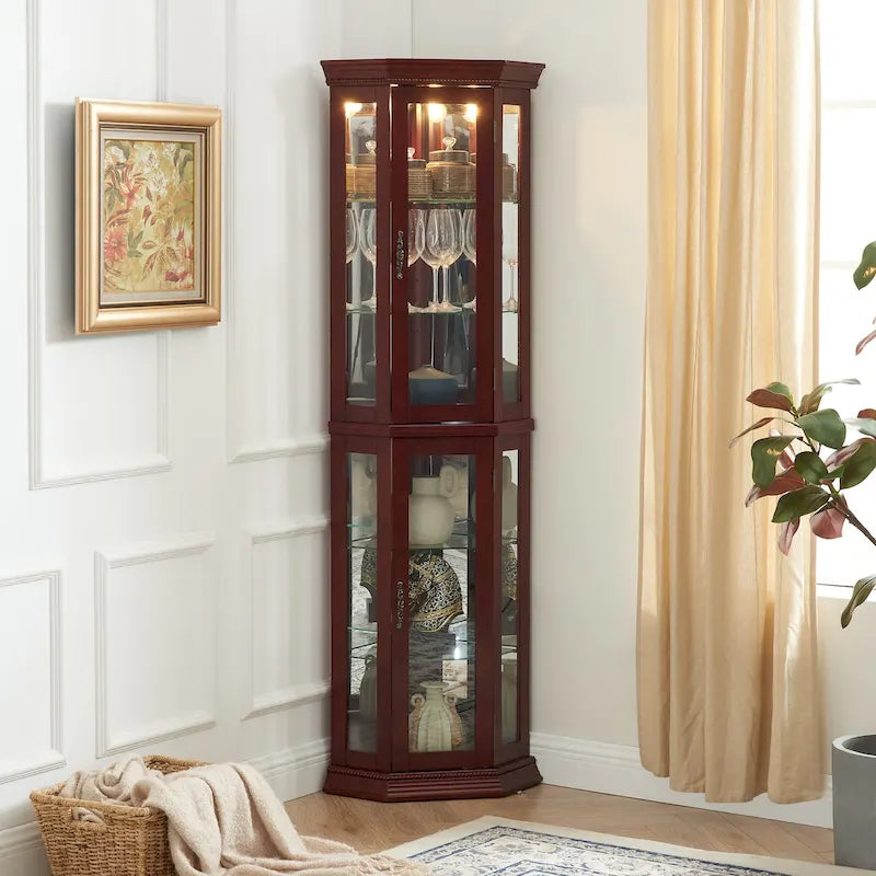 Corner Curio Display Cabinet With Lights, Mirrored Back And 6 Tempered Glass Shelves
