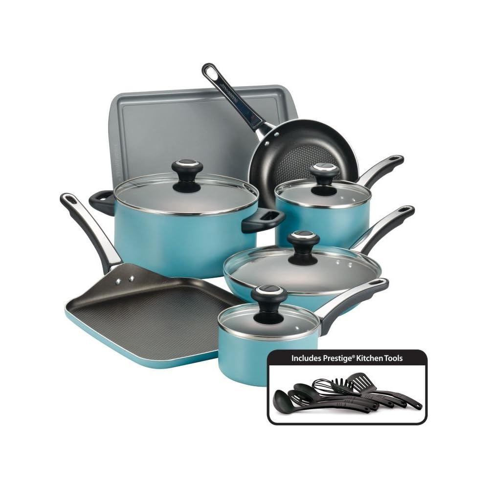 Farberware High Performance Nonstick Aluminum Cookware Set, 17 Piece, Aqua - 21926