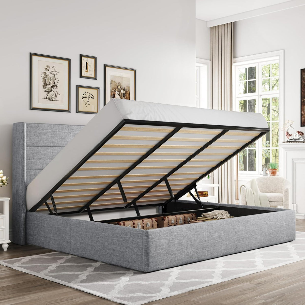 Queen Size Lift-Up Storage Bed With Wingback Headboard, Upholstered Platform Bed Frame With Hidden Storage