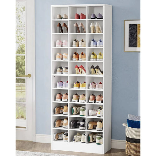 10-Tier Tall Shoe Cabinet, 30-Pair White Engineered Wood Shoe Storage Rack