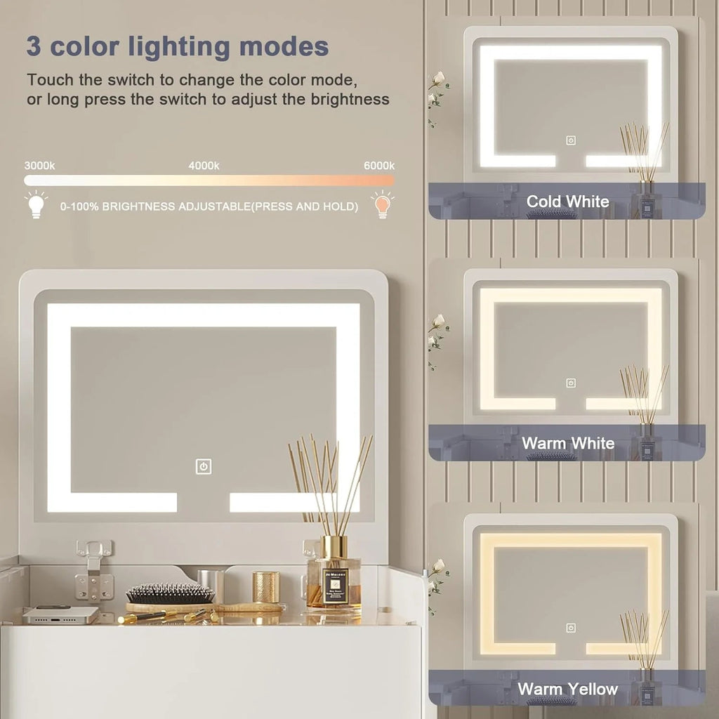 3-in-1 Vanity Desk Set With Flip-Top Lighted Mirror, Storage Stool And 15.7*19.7*31.5 Inches Table