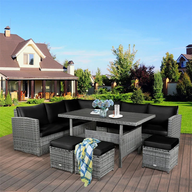 7-Piece Rattan Patio Dining Set With 3 Corner Chairs, 3 Ottomans And Table