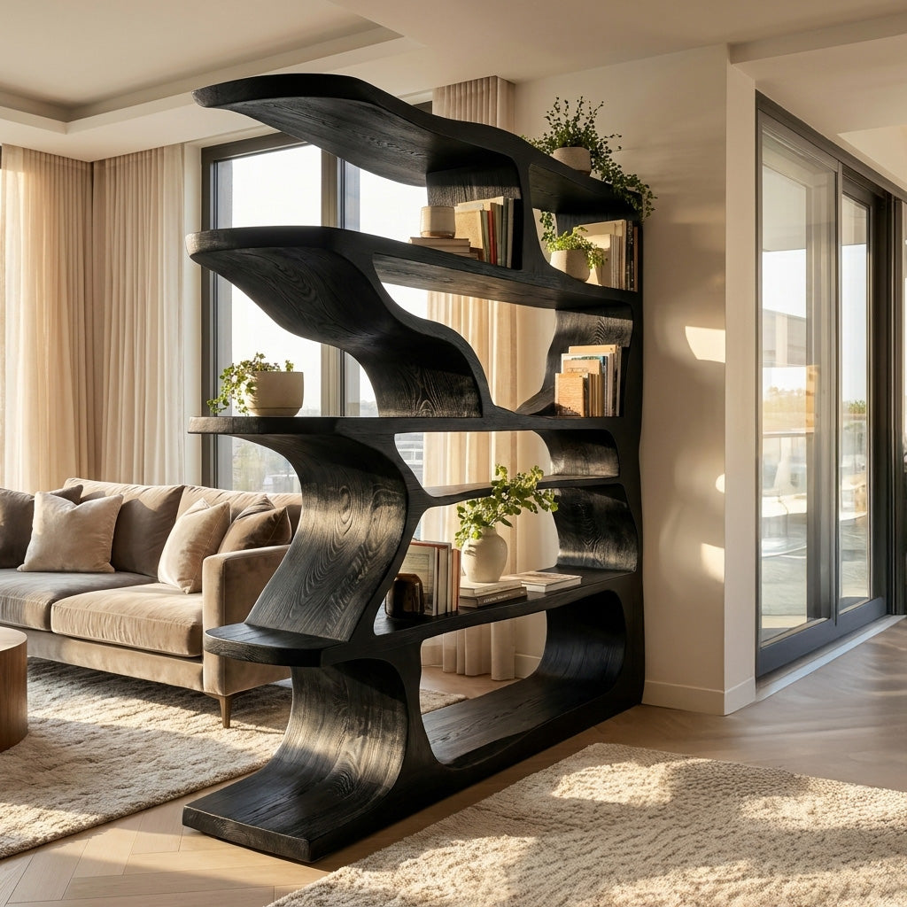 Contemporary Artistic Wooden Bookshelf For Living Room Storage