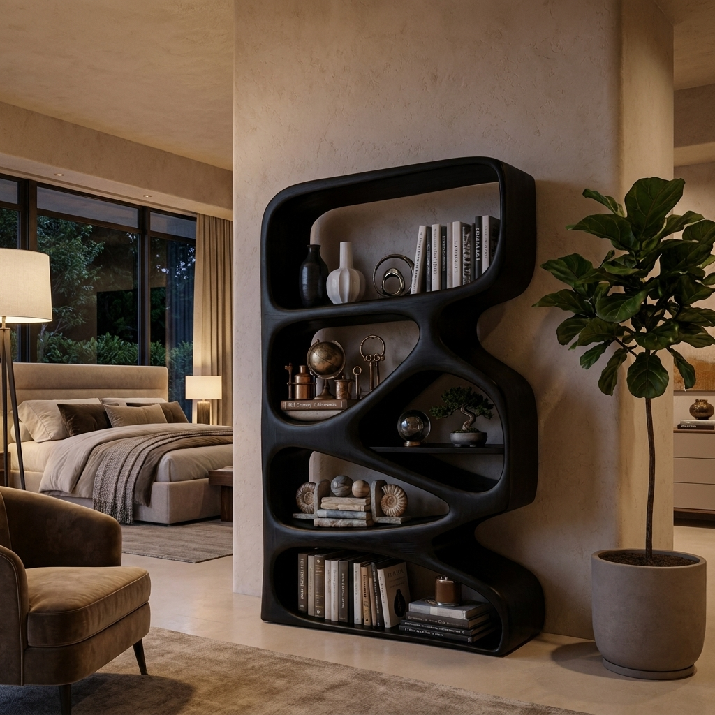 Artistic Wooden Bookshelf With Functional Open Display Shelving For Living