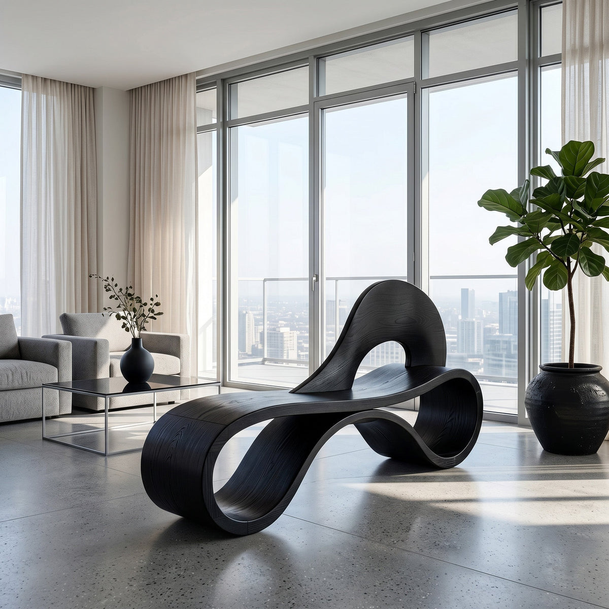 Artistic Wooden Bench With Flowing Sculpture For Luxury Interior