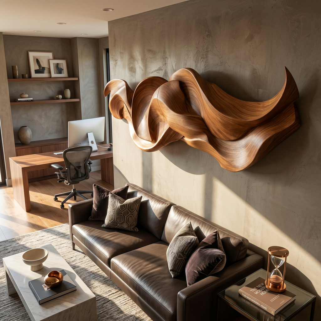 Contemporary Organic Ribbon Wood Wall Art Dining Room Interior Decor