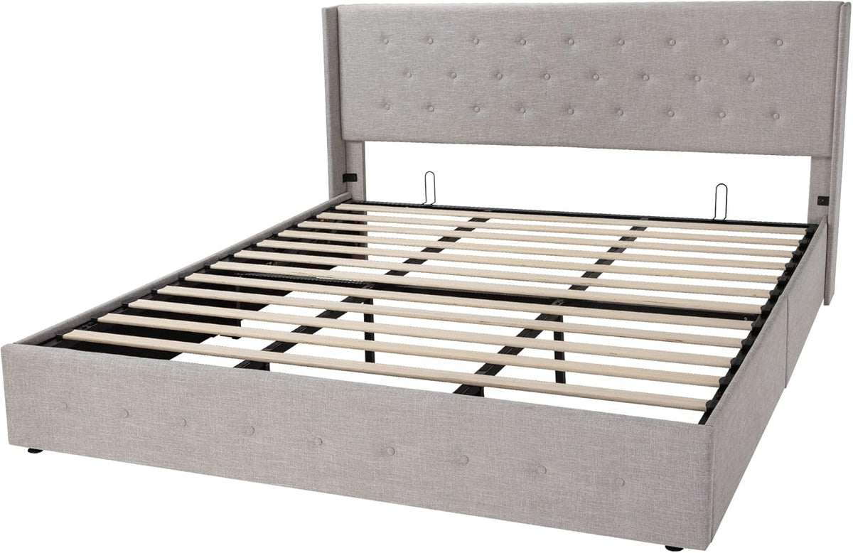 Queen Size Lift-Up Storage Bed With Wingback Headboard, Upholstered Platform Bed Frame With Hidden Storage