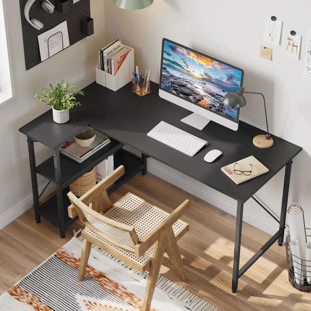 Small L-Shaped Computer Desk With Reversible Storage Shelves - 55-Inch / 47-Inch