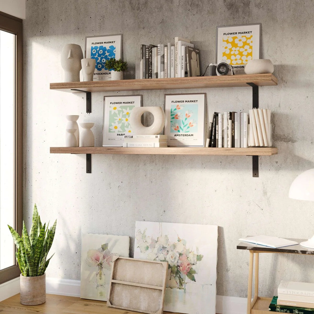 Rustic Floating Wall Shelves, 60 Inch, 2 Piece, Burnt Wood