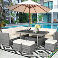7-Piece Rattan Patio Dining Set With 3 Corner Chairs, 3 Ottomans And Table