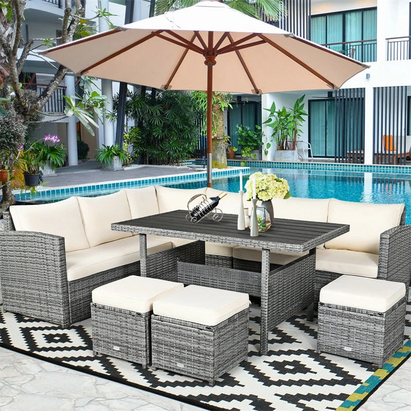 7-Piece Rattan Patio Dining Set With 3 Corner Chairs, 3 Ottomans And Table
