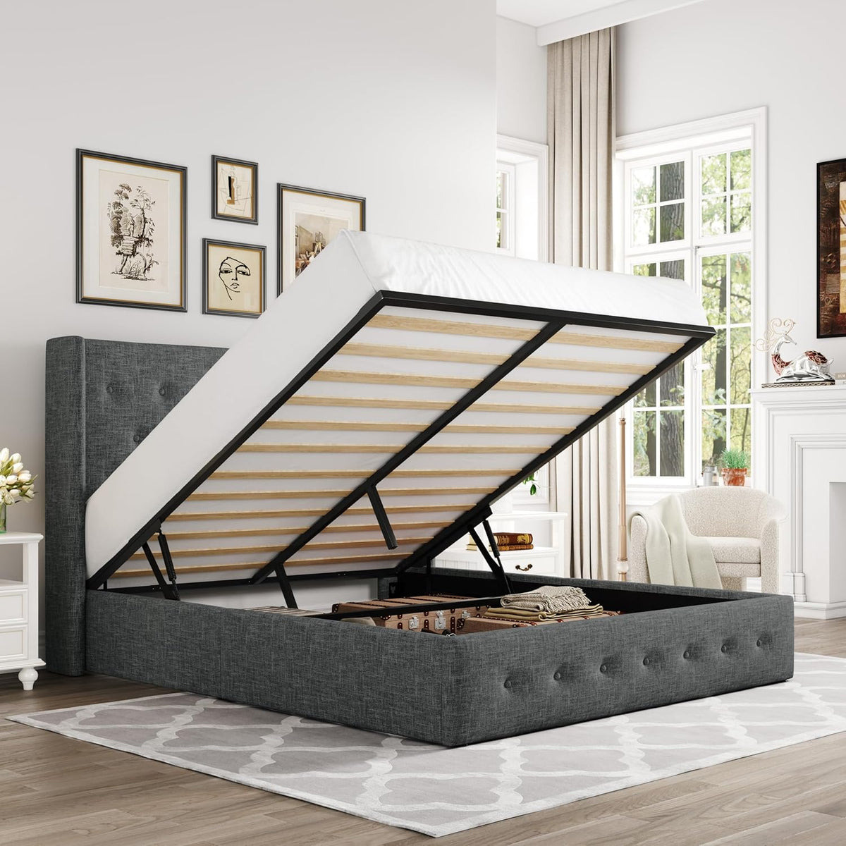 Queen Size Lift-Up Storage Bed With Wingback Headboard, Upholstered Platform Bed Frame With Hidden Storage