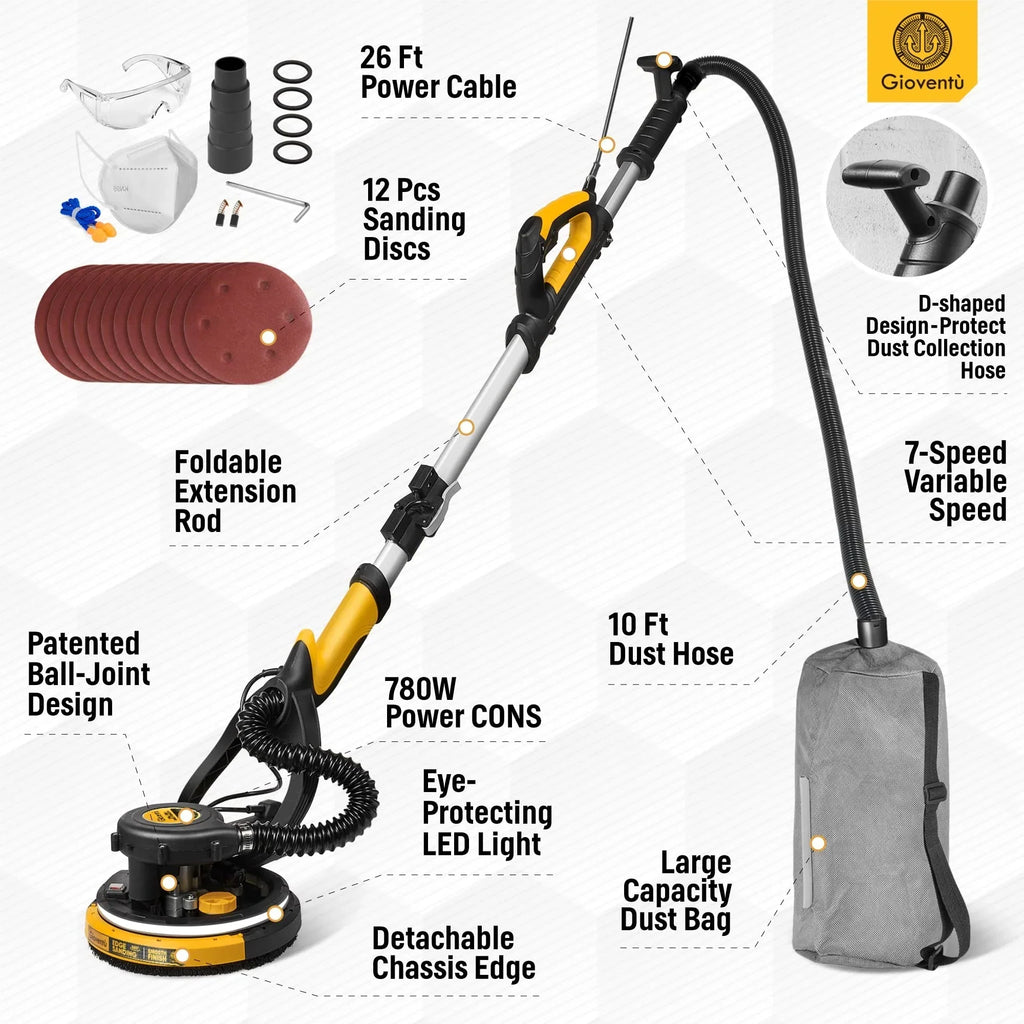 Giovent Electric Drywall Sander With Dust Extraction, 6.5-Amp, 8-2/5-Inch