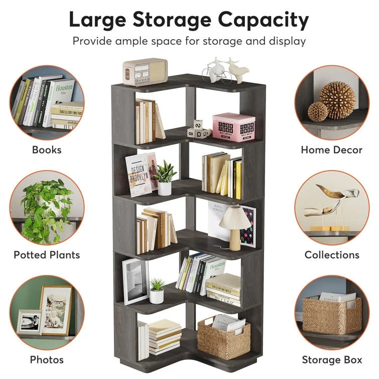 6-Tier Corner Bookshelf, 64.9 Inch Tall, Freestanding Wood Industrial Bookcase