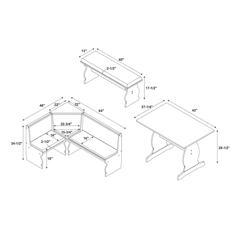 Hannah Breakfast Nook 3-Piece Dining Set With Corner Bench