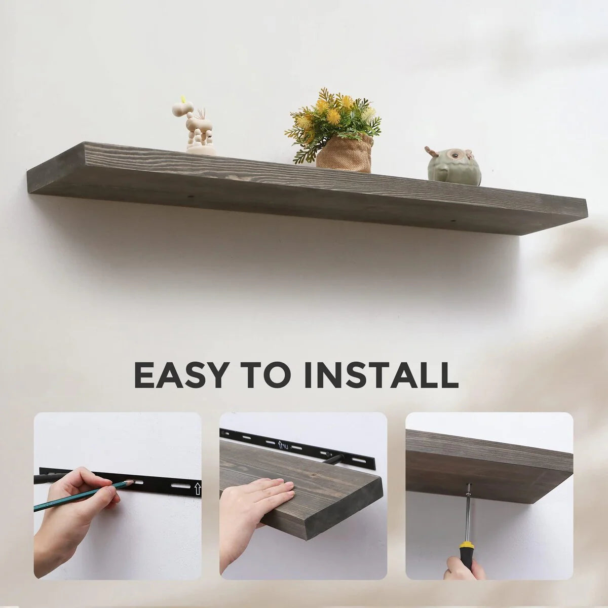 Set Of 2 Handcrafted European Pine Floating Wall Shelves, 16inch/24inch/36inch, Grey/Espresso/Walnut