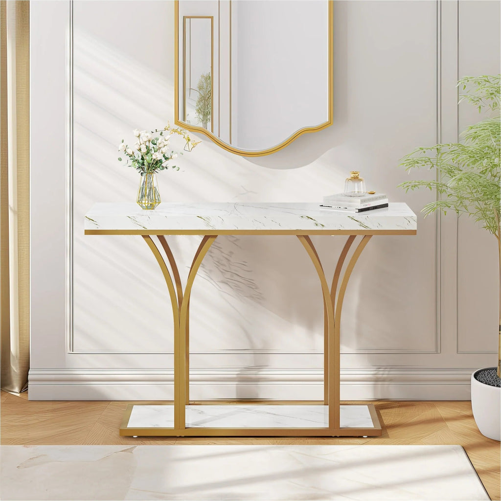 Console Table With Faux Marble MDF Top And Gold Metal Frame
