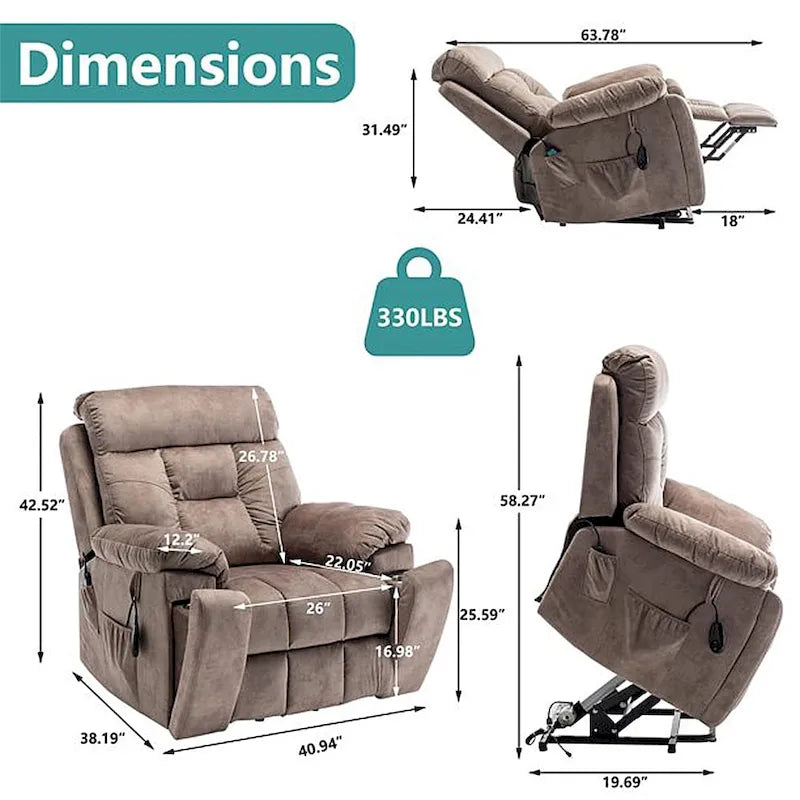 Large Electric Power Lift Recliner With Heat, Massage, Hidden Cup Holder - 40.94W x 38.19D x 42.52H