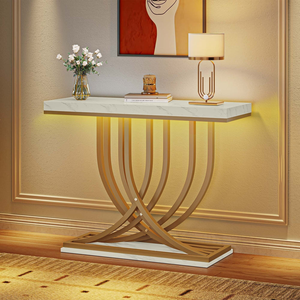 Console Table With Faux Marble MDF Top And Gold Metal Frame