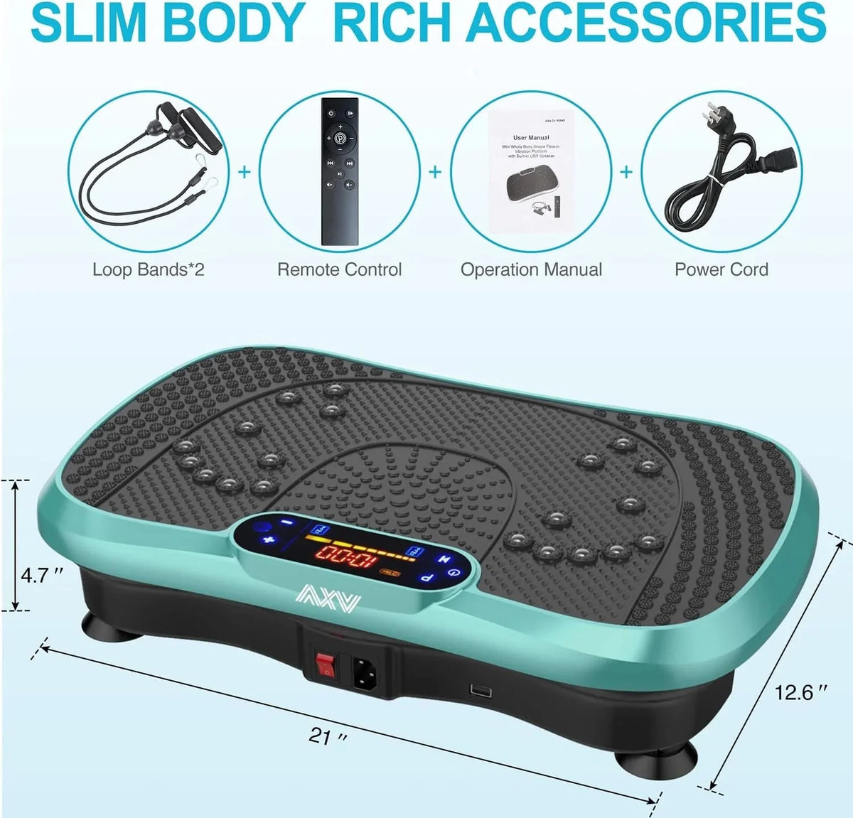 AXV Vibration Plate Fitness Platform, Gray, 2 Resistance Bands - Slim-Gray