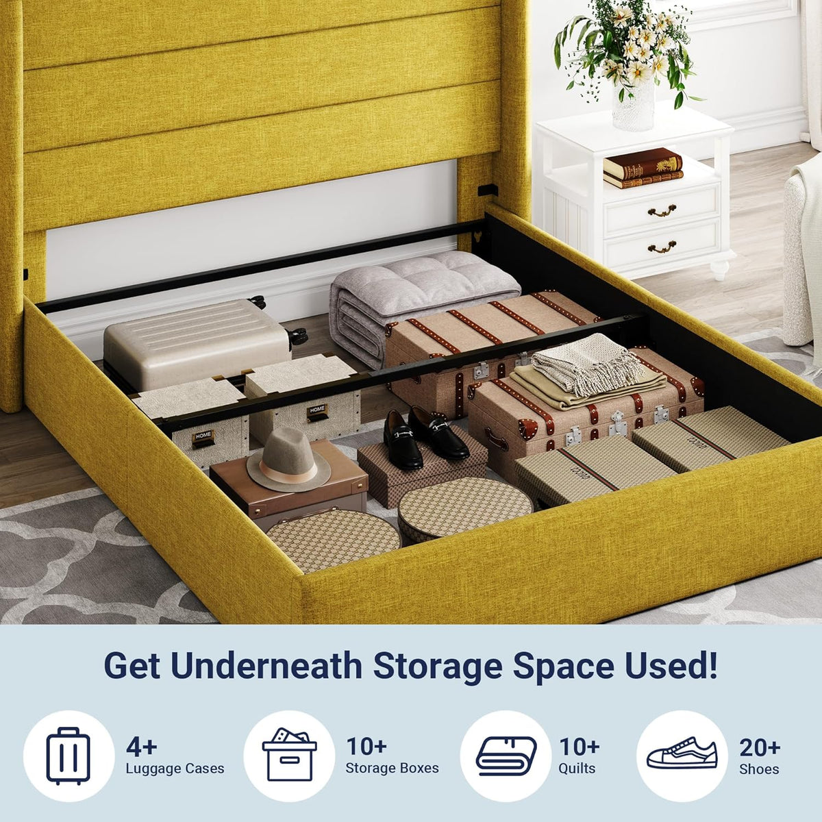 Queen Size Lift-Up Storage Bed With Wingback Headboard, Upholstered Platform Bed Frame With Hidden Storage
