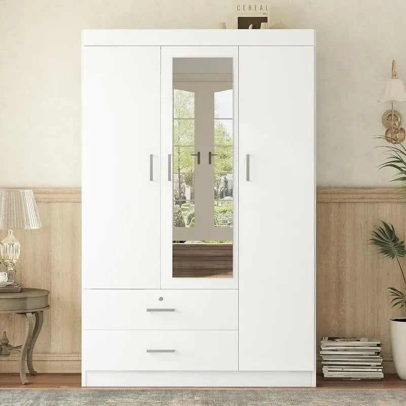3-Door Mirror Wardrobe With Shelves And 2 Drawers - White Or Gray