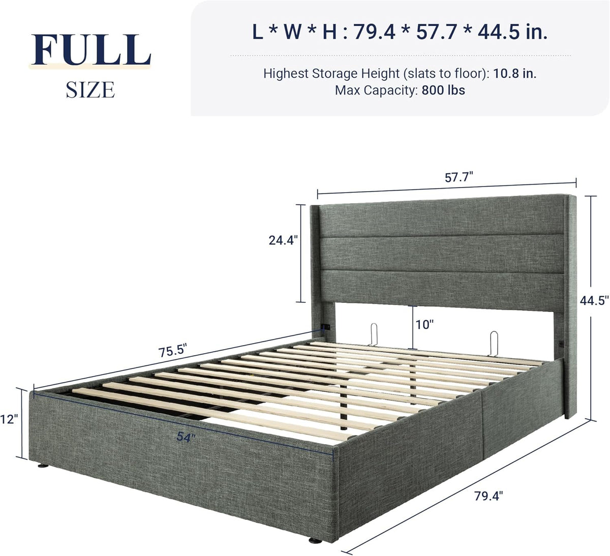 Queen Size Lift-Up Storage Bed With Wingback Headboard, Upholstered Platform Bed Frame With Hidden Storage