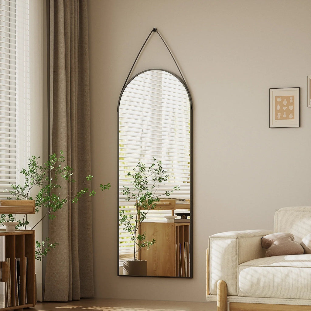 Full Length Wall Mirror, 48 x 16 Inch, Black, Leather Strap