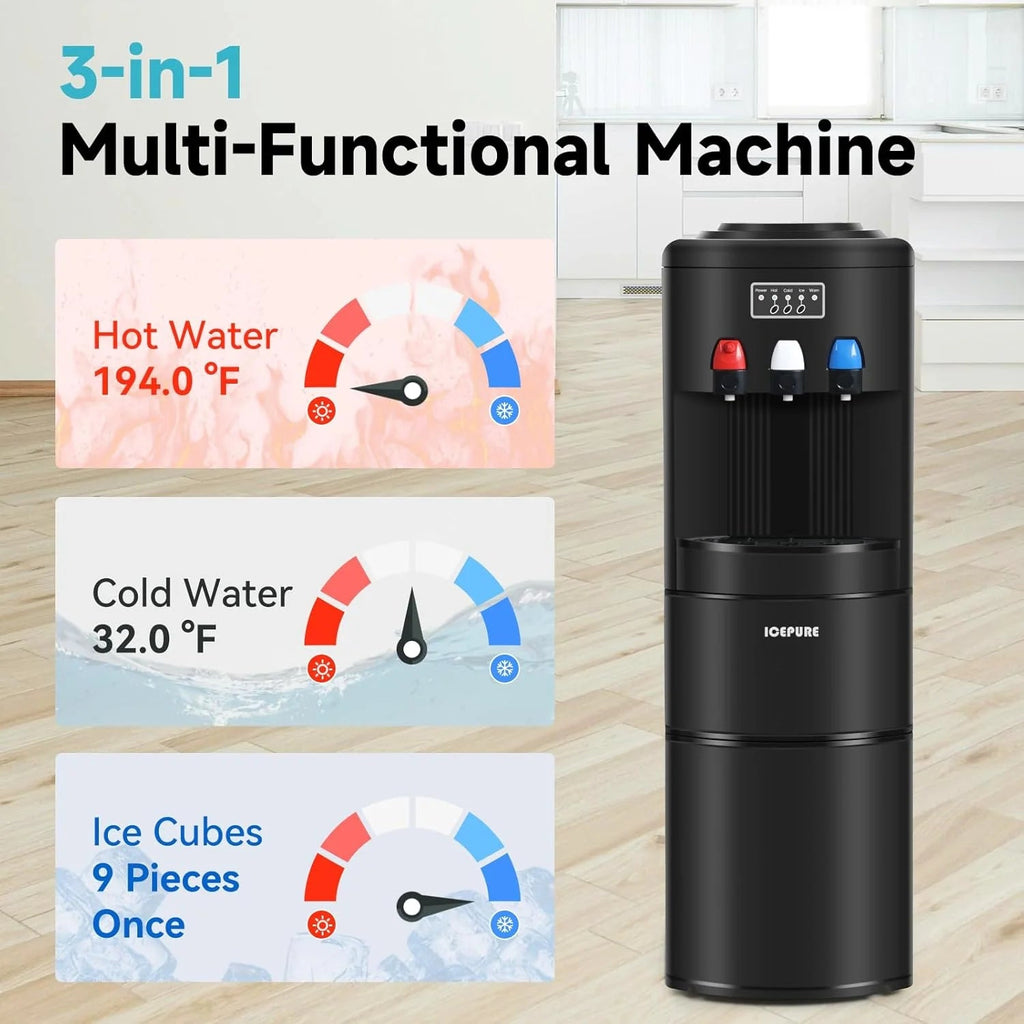 3-in-1 Hot and Cold Water Cooler With Built-In Ice Maker, Top Loading, Black - 3-5 Gallon Bottles