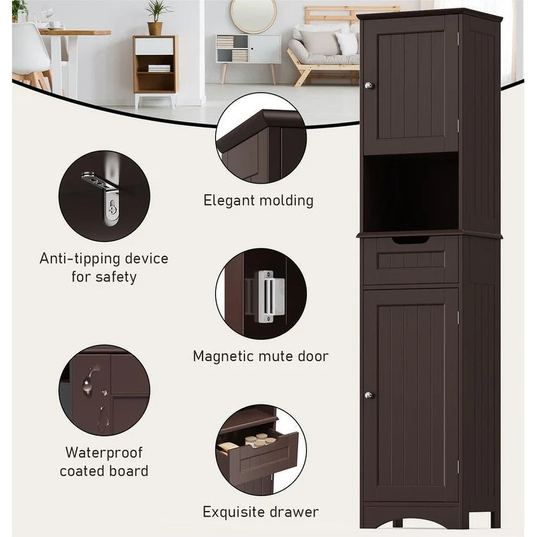 67 Inch Tall Narrow Bathroom Linen Storage Cabinet, 5-Tier Solid Wood Freestanding