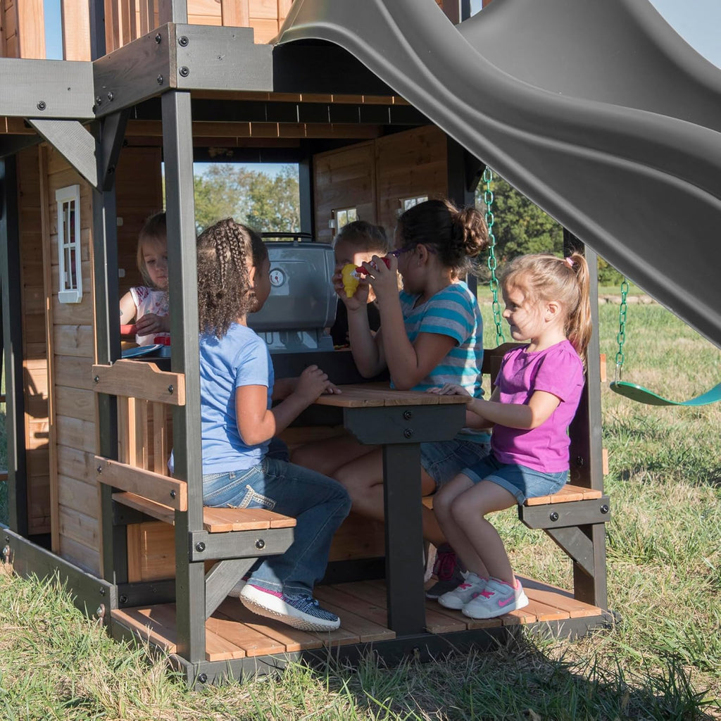 Backyard Discovery Cedar Wood Swing Set With Wave Slide, Clubhouse, Play Kitchen, Belt And Web Swings - Canyon Creek