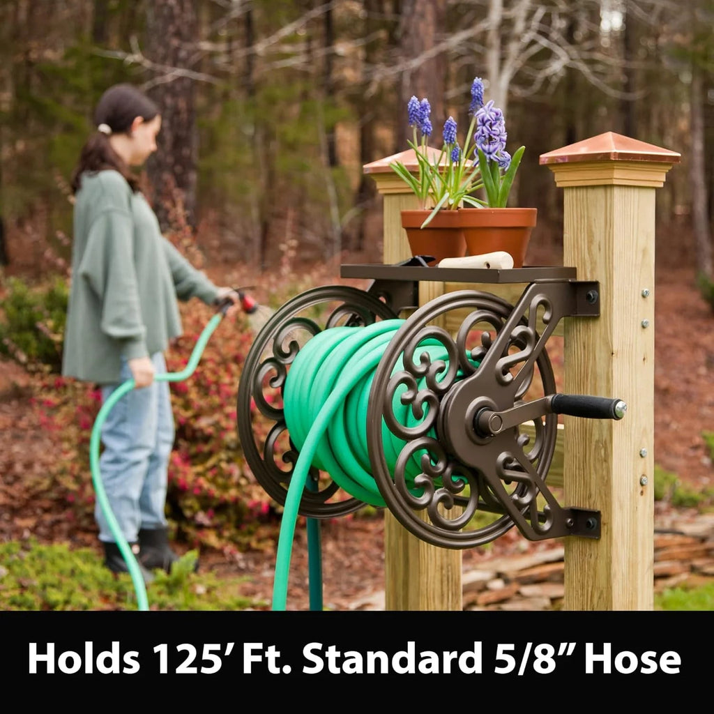 Steel Wall Mount Garden Hose Reel With Shelf, 125 Feet 5/8-Inch Capacity