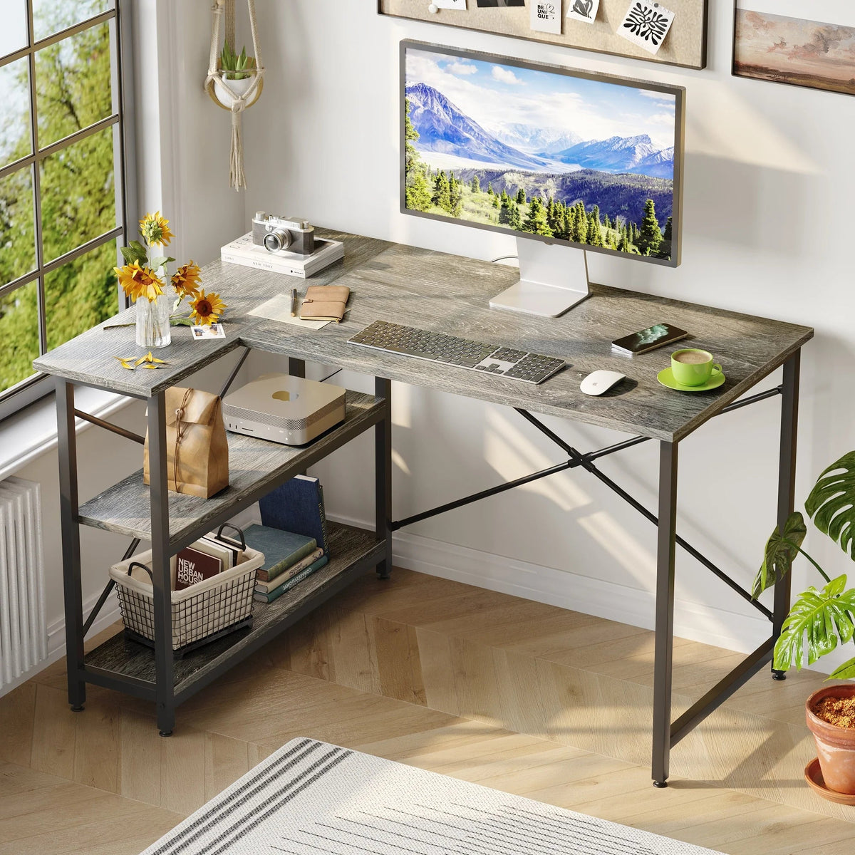 Small L-Shaped Computer Desk With Reversible Storage Shelves - 55-Inch / 47-Inch