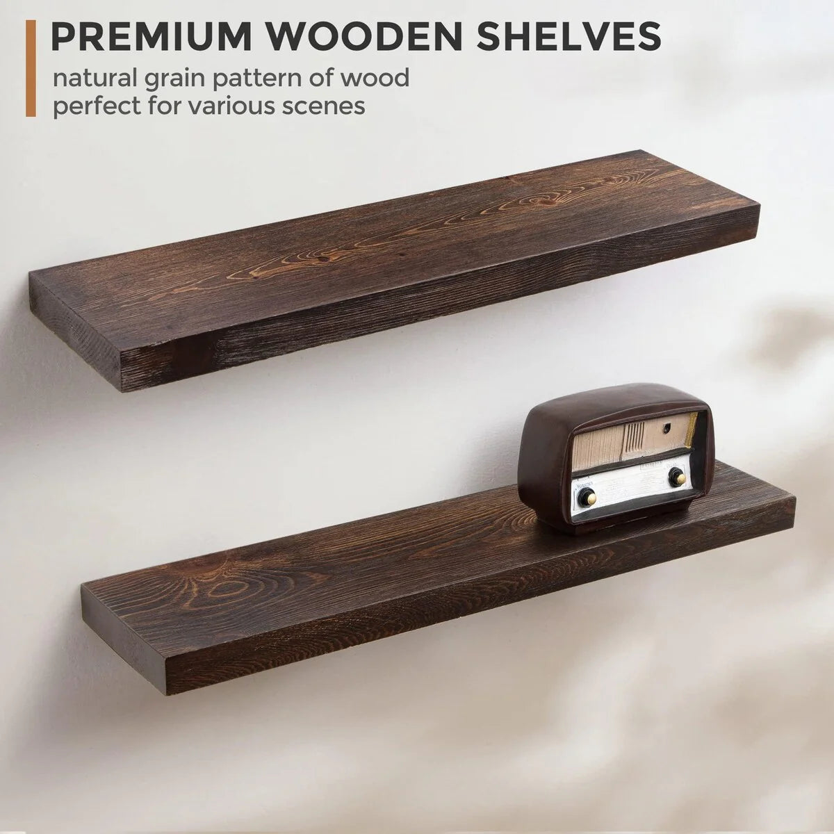 Set Of 2 Handcrafted European Pine Floating Wall Shelves, 16inch/24inch/36inch, Grey/Espresso/Walnut