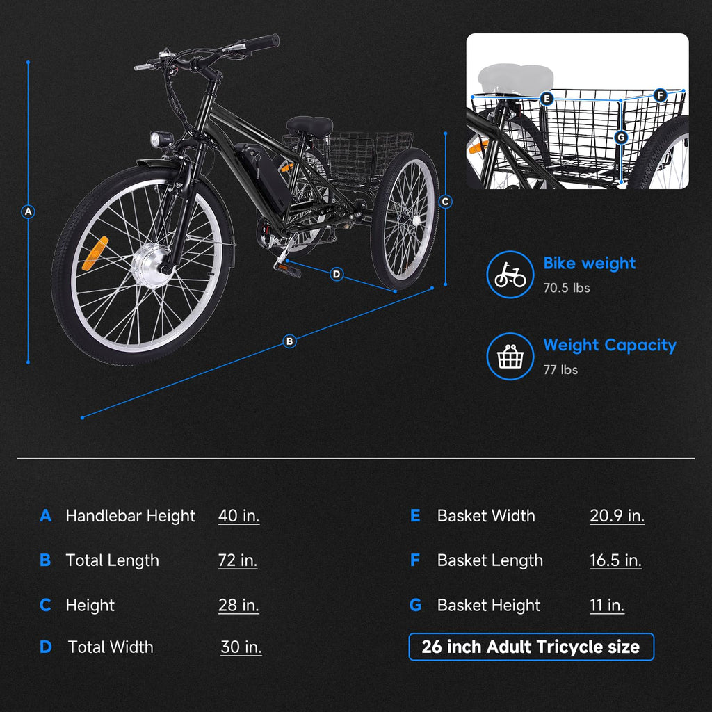 26 Inch Adult 3 Wheel Electric Tricycle With Basket, Fat Tires, 7 Speeds, 350W Motor, 36V 10Ah Battery - 0KT_3xfGu2r4etlrGenxGg69.