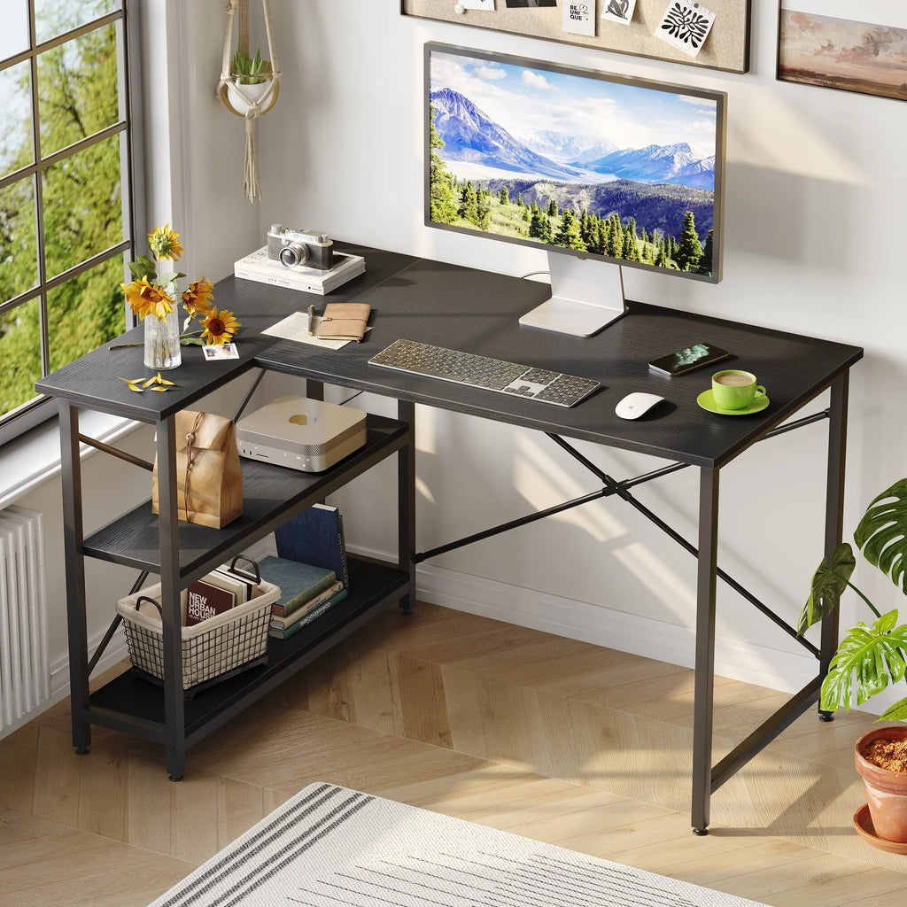 Small L-Shaped Computer Desk With Reversible Storage Shelves - 55-Inch / 47-Inch